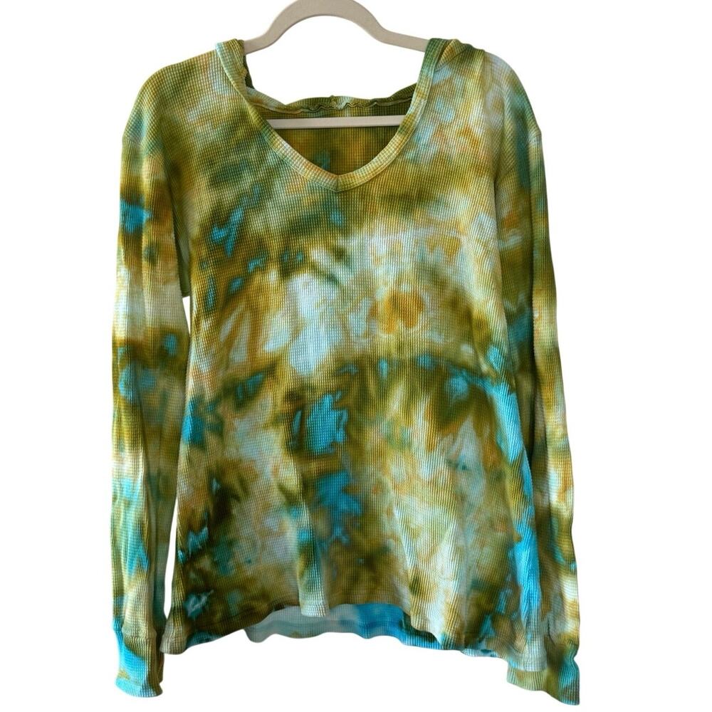 NWT Waffle Tie Dye Hoodie Longsleeve Blue Green 100% Cotton Made In Brooklyn Y2K